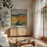 Path by Silvia Vassileva. Shown in a natural wood frame in a cozy modern living room. Available as an archival giclee rolled canvas, fine art paper, or poster print. SKU 94421a.