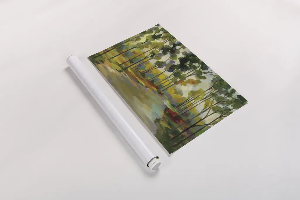 Path in the Forest by Silvia Vassileva. shown as a rolled paper print. Available as archival giclee rolled canvas, fine art paper, or poster print. SKU 46658i.