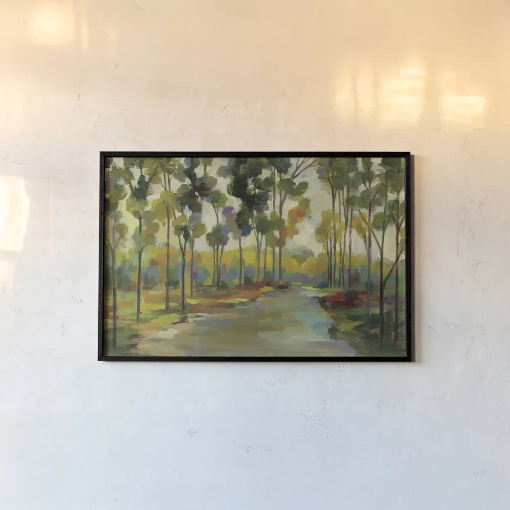 Path in the Forest by Silvia Vassileva. shown as a paper print in a black flame. Available as a archival giclee rolled canvas, fine art paper, or poster print. SKU 46658i.