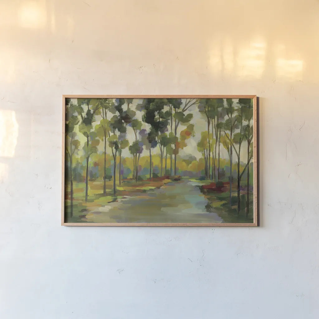 Path in the Forest by Silvia Vassileva. shown as a paper print in a natural frame. Available as a archival giclee rolled canvas, fine art paper, or poster print. SKU 46658i.