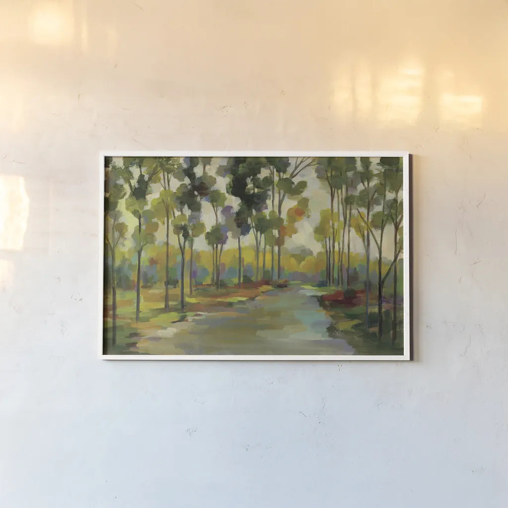 Path in the Forest by Silvia Vassileva. shown as a paper print in a white frame. Available as a archival giclee rolled canvas, fine art paper, or poster print. SKU 46658i.