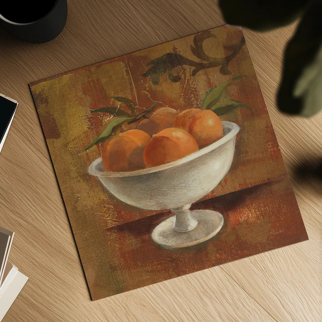 Peaches in Old Bowl by Silvia Vassileva. Shown as a detailed flat fine art print, highlighting archival giclee quality. Available as an archival giclee rolled canvas, fine art paper, or poster print. SKU 60344a.
