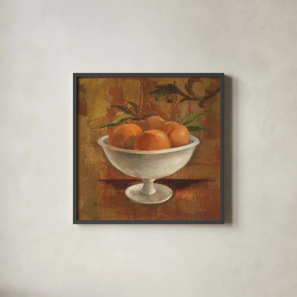 Peaches in Old Bowl by Silvia Vassileva. Shown in a sleek black glass frame for a contemporary gallery look. Available as an archival giclee rolled canvas, fine art paper, or poster print. SKU 60344a.