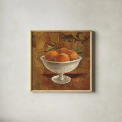 Peaches in Old Bowl by Silvia Vassileva. Shown in a natural wood glass frame for a timeless modern aesthetic. Available as an archival giclee rolled canvas, fine art paper, or poster print. SKU 60344a.
