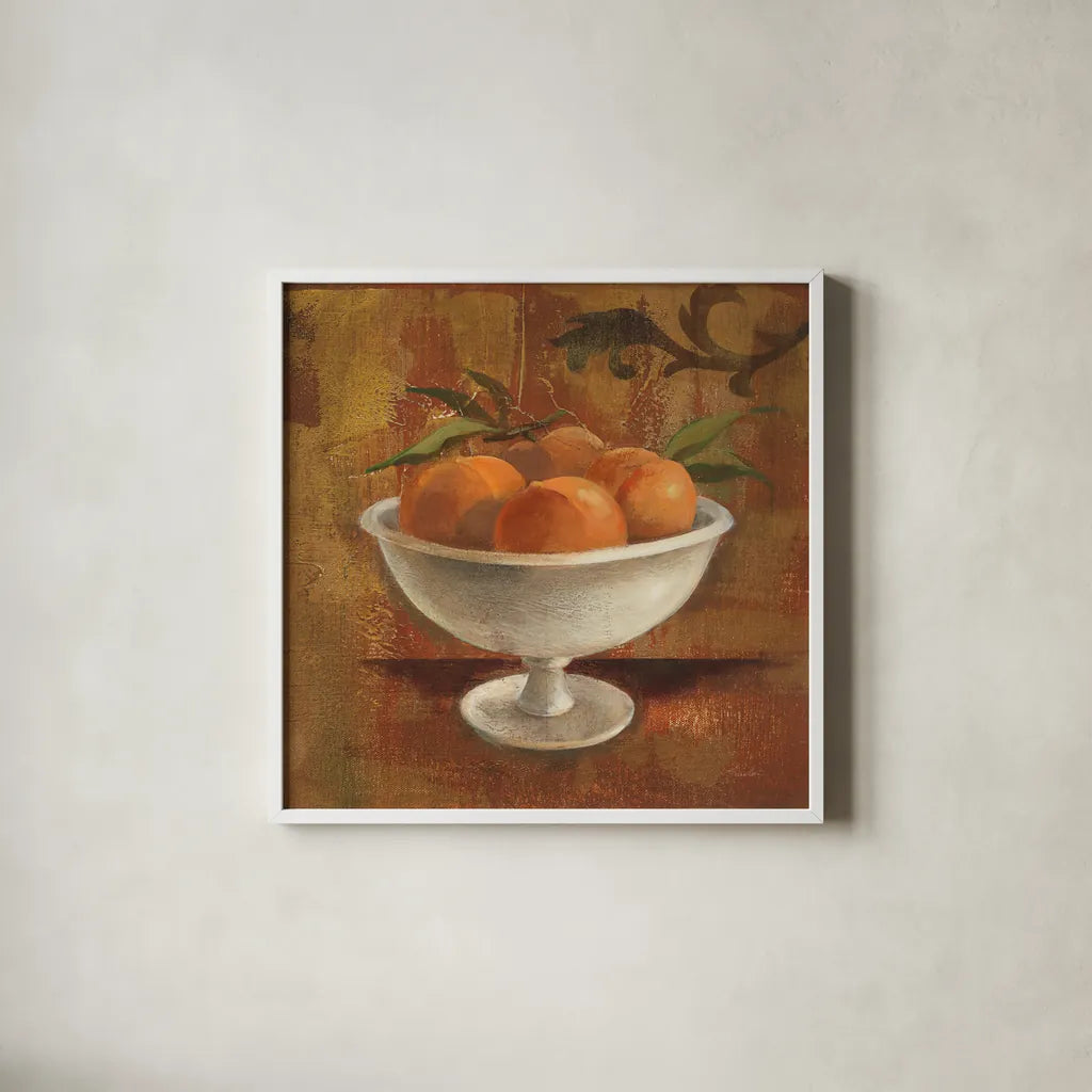 Peaches in Old Bowl by Silvia Vassileva. Shown in a crisp white glass frame for a clean and minimalist style. Available as an archival giclee rolled canvas, fine art paper, or poster print. SKU 60344a.