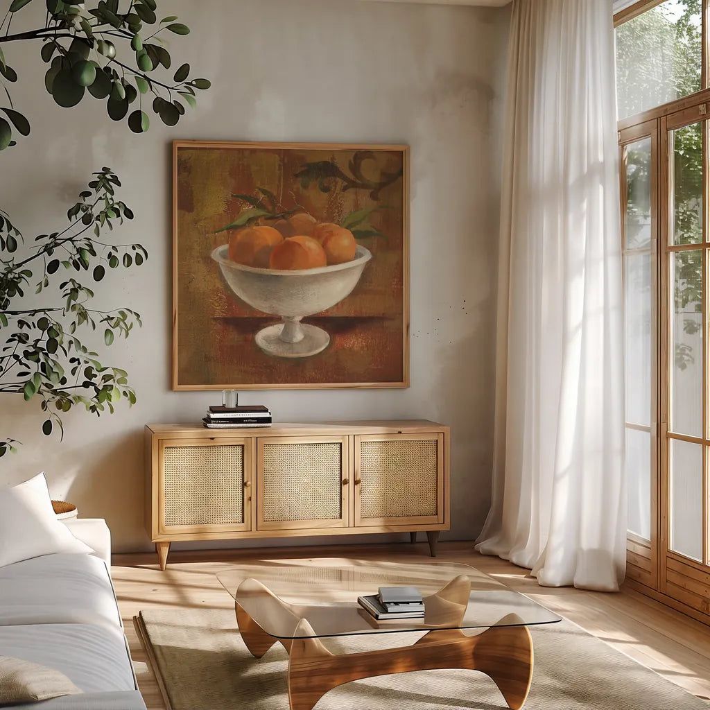 Peaches in Old Bowl by Silvia Vassileva. Shown in a natural wood frame in a cozy modern living room. Available as an archival giclee rolled canvas, fine art paper, or poster print. SKU 60344a.