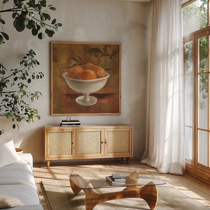 Peaches in Old Bowl by Silvia Vassileva. Shown in a natural wood frame in a cozy modern living room. Available as an archival giclee rolled canvas, fine art paper, or poster print. SKU 60344a.