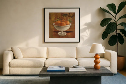 Peaches in Old Bowl by Silvia Vassileva. Displayed in a glass frame with matte in a clean modern living room. Available as an archival giclee rolled canvas, fine art paper, or poster print. SKU 60344a.