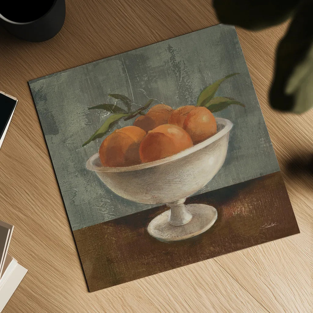 Peaches in Old Bowl Neutral by Silvia Vassileva. Shown as a detailed flat fine art print, highlighting archival giclee quality. Available as an archival giclee rolled canvas, fine art paper, or poster print. SKU 86566a.