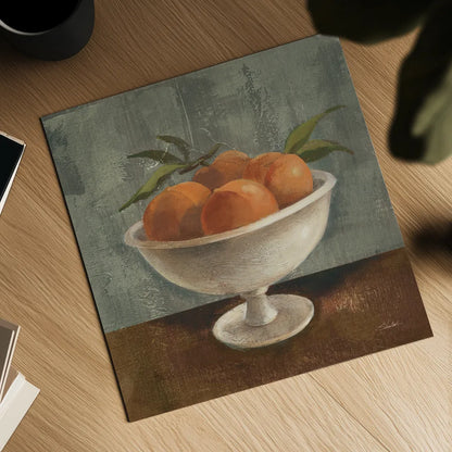 Peaches in Old Bowl Neutral by Silvia Vassileva. Shown as a detailed flat fine art print, highlighting archival giclee quality. Available as an archival giclee rolled canvas, fine art paper, or poster print. SKU 86566a.