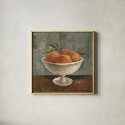 Peaches in Old Bowl Neutral by Silvia Vassileva. Shown in a natural wood glass frame for a timeless modern aesthetic. Available as an archival giclee rolled canvas, fine art paper, or poster print. SKU 86566a.