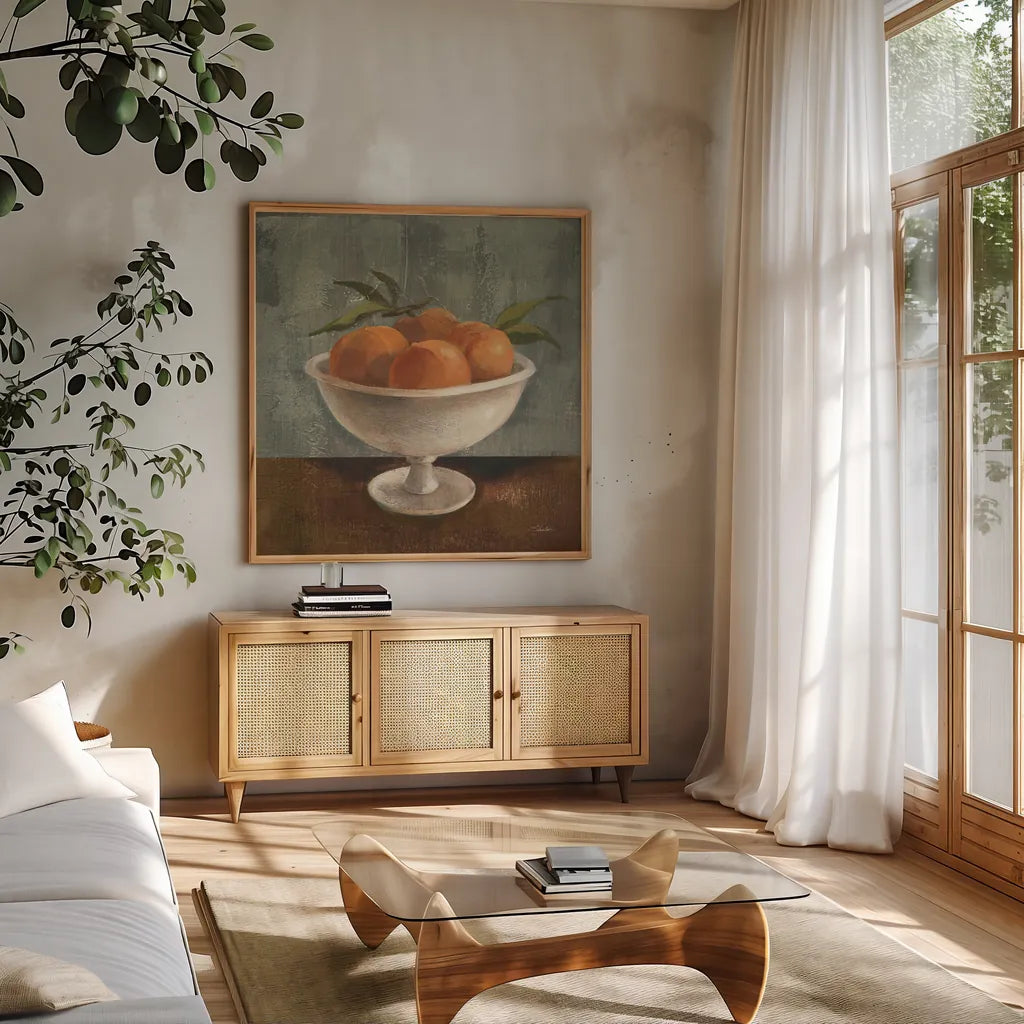 Peaches in Old Bowl Neutral by Silvia Vassileva. Shown in a natural wood frame in a cozy modern living room. Available as an archival giclee rolled canvas, fine art paper, or poster print. SKU 86566a.