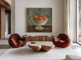 Peaches in Old Bowl Neutral by Silvia Vassileva. Shown as extra-large giant wall art in a modern living room. Available as an archival giclee rolled canvas, fine art paper, or poster print. SKU 86566a.