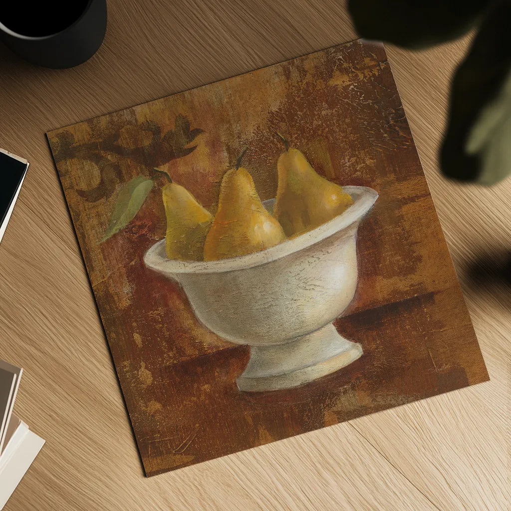 Pears in Old Bowl by Silvia Vassileva. Shown as a detailed flat fine art print, highlighting archival giclee quality. Available as an archival giclee rolled canvas, fine art paper, or poster print. SKU 60342a.