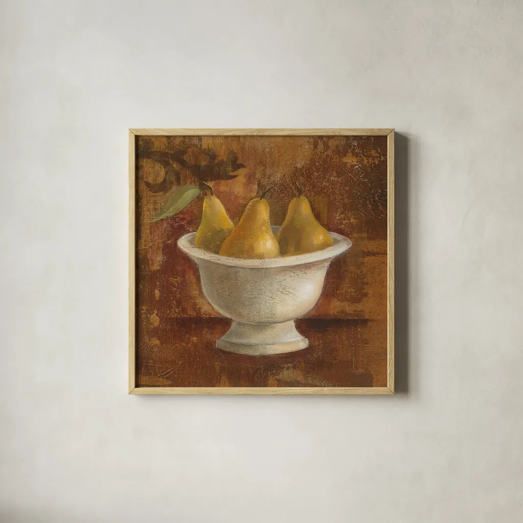 Pears in Old Bowl by Silvia Vassileva. Shown in a natural wood glass frame for a timeless modern aesthetic. Available as an archival giclee rolled canvas, fine art paper, or poster print. SKU 60342a.