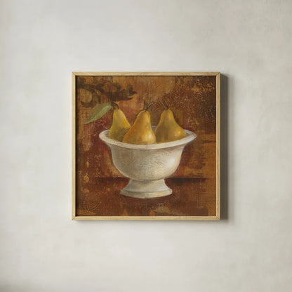 Pears in Old Bowl by Silvia Vassileva. Shown in a natural wood glass frame for a timeless modern aesthetic. Available as an archival giclee rolled canvas, fine art paper, or poster print. SKU 60342a.
