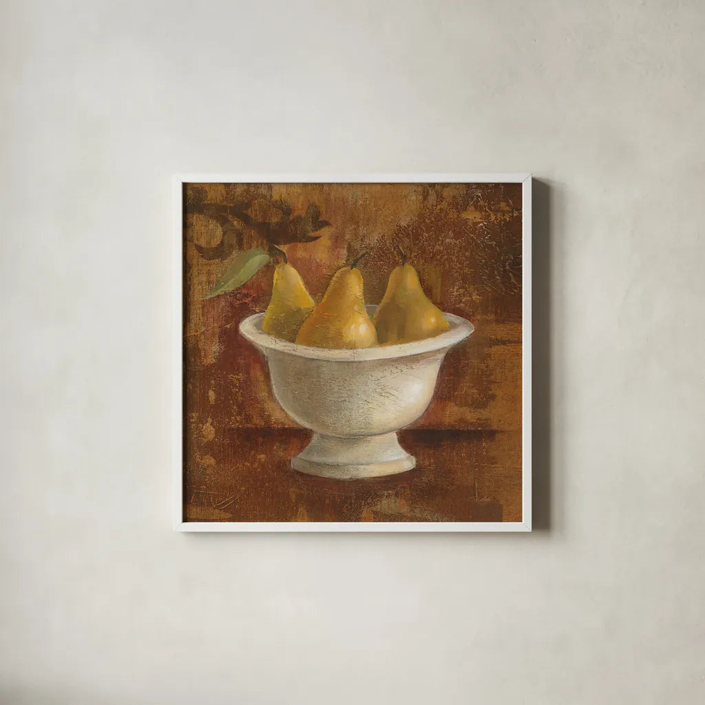 Pears in Old Bowl by Silvia Vassileva. Shown in a crisp white glass frame for a clean and minimalist style. Available as an archival giclee rolled canvas, fine art paper, or poster print. SKU 60342a.