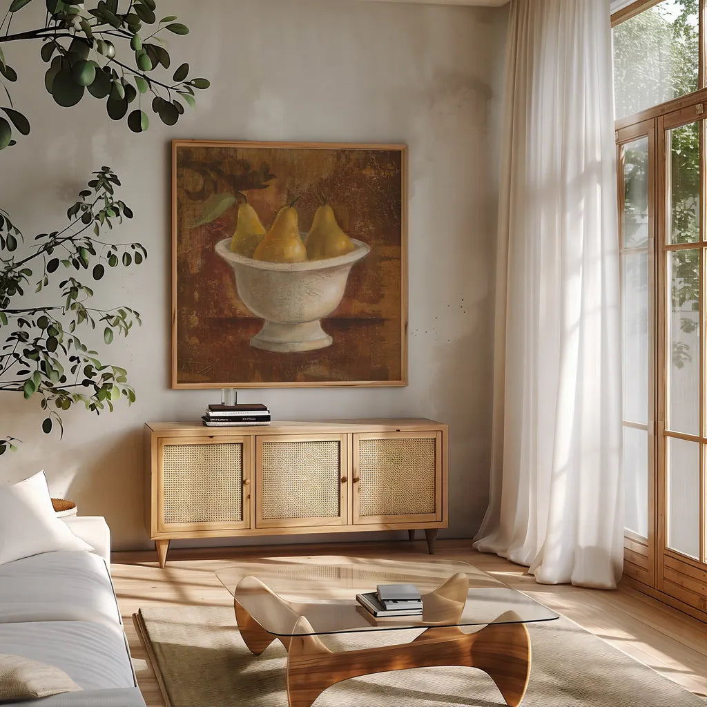 Pears in Old Bowl by Silvia Vassileva. Shown in a natural wood frame in a cozy modern living room. Available as an archival giclee rolled canvas, fine art paper, or poster print. SKU 60342a.