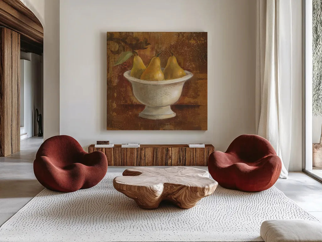 Pears in Old Bowl by Silvia Vassileva. Shown as extra-large giant wall art in a modern living room. Available as an archival giclee rolled canvas, fine art paper, or poster print. SKU 60342a.