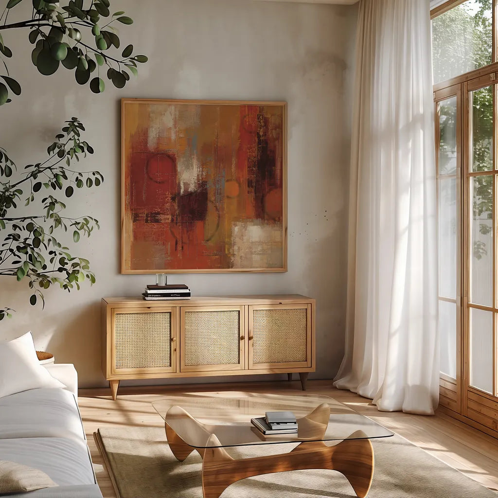 Pentatonic Crop by Silvia Vassileva. Shown in a natural wood frame in a cozy modern living room. Available as an archival giclee rolled canvas, fine art paper, or poster print. SKU 11673a.