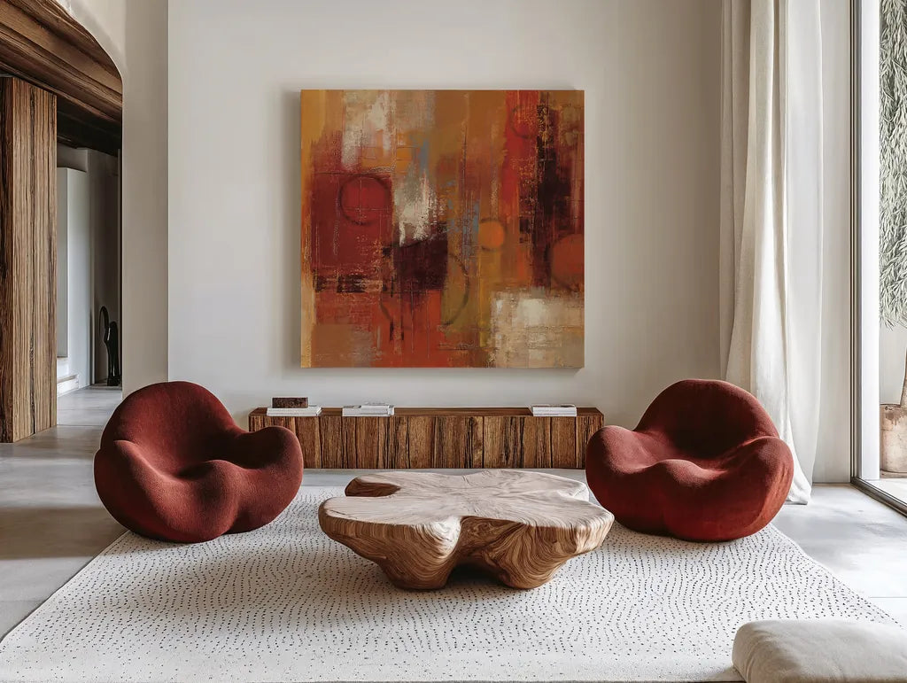 Pentatonic Crop by Silvia Vassileva. Shown as extra-large giant wall art in a modern living room. Available as an archival giclee rolled canvas, fine art paper, or poster print. SKU 11673a.