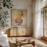 Peony Aroma I by Silvia Vassileva. Shown in a natural wood frame in a cozy modern living room. Available as an archival giclee rolled canvas, fine art paper, or poster print. SKU 63911a.