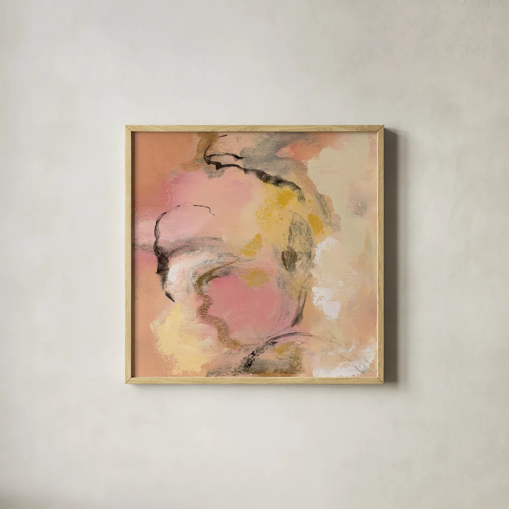 Peony Aroma II by Silvia Vassileva. Shown in a natural wood glass frame for a timeless modern aesthetic. Available as an archival giclee rolled canvas, fine art paper, or poster print. SKU 63912a.
