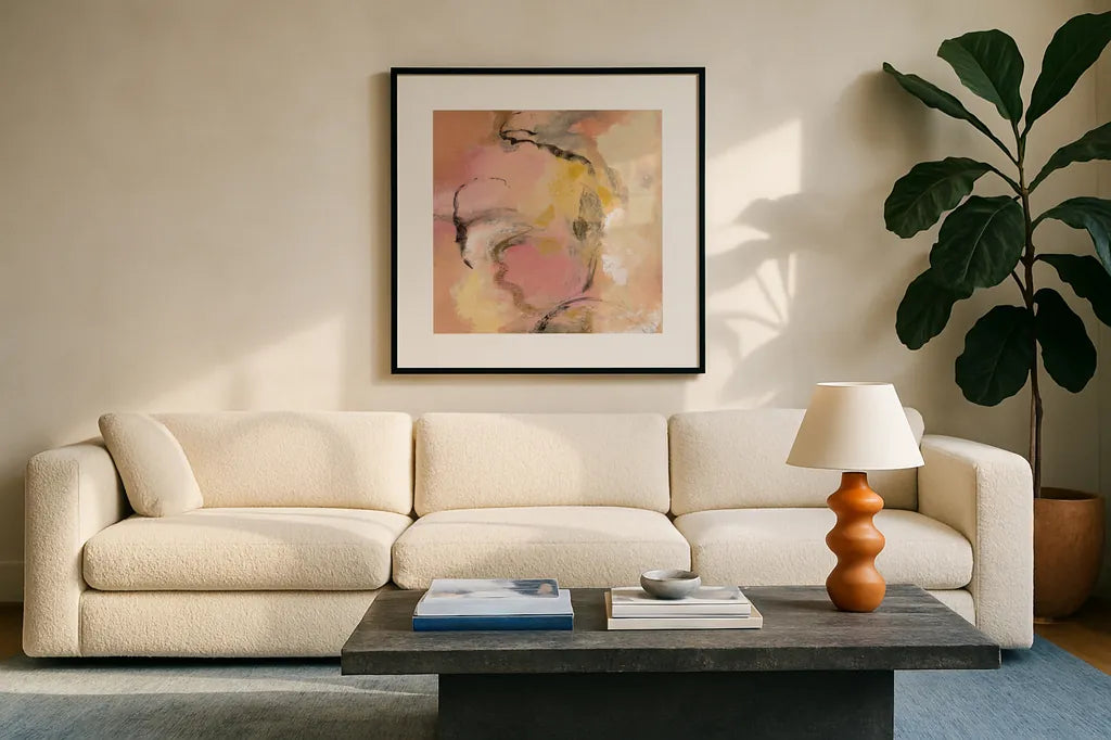 Peony Aroma II by Silvia Vassileva. Displayed in a glass frame with matte in a clean modern living room. Available as an archival giclee rolled canvas, fine art paper, or poster print. SKU 63912a.