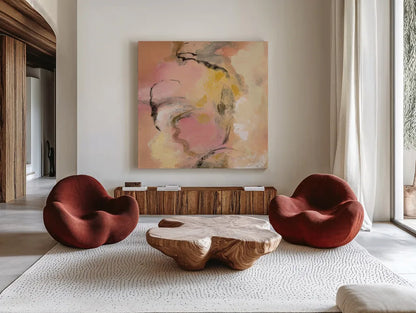 Peony Aroma II by Silvia Vassileva. Shown as extra-large giant wall art in a modern living room. Available as an archival giclee rolled canvas, fine art paper, or poster print. SKU 63912a.