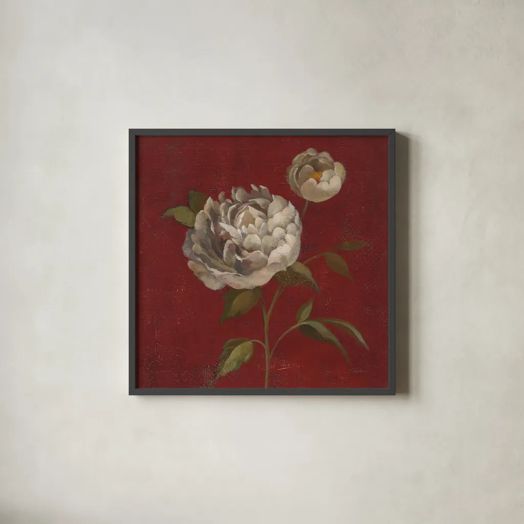 Peony Blooms by Silvia Vassileva. Shown in a sleek black glass frame for a contemporary gallery look. Available as an archival giclee rolled canvas, fine art paper, or poster print. SKU 60334a.