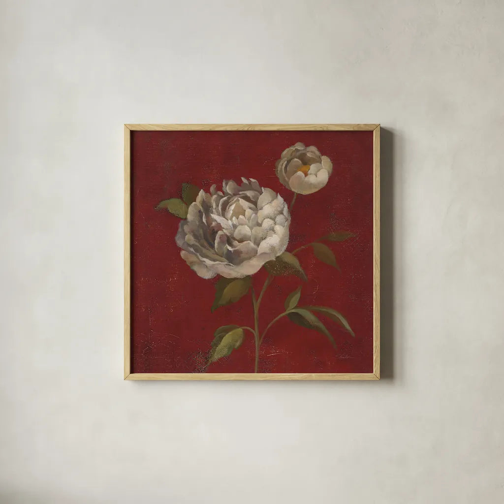 Peony Blooms by Silvia Vassileva. Shown in a natural wood glass frame for a timeless modern aesthetic. Available as an archival giclee rolled canvas, fine art paper, or poster print. SKU 60334a.