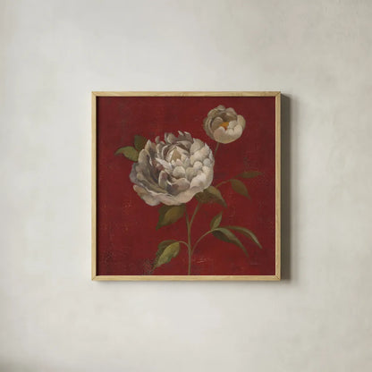 Peony Blooms by Silvia Vassileva. Shown in a natural wood glass frame for a timeless modern aesthetic. Available as an archival giclee rolled canvas, fine art paper, or poster print. SKU 60334a.