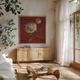 Peony Blooms by Silvia Vassileva. Shown in a natural wood frame in a cozy modern living room. Available as an archival giclee rolled canvas, fine art paper, or poster print. SKU 60334a.