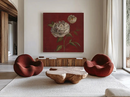 Peony Blooms by Silvia Vassileva. Shown as extra-large giant wall art in a modern living room. Available as an archival giclee rolled canvas, fine art paper, or poster print. SKU 60334a.