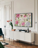 Petals and Blossoms I by Silvia Vassileva. shown as a framed stretched canvas in a living room above a console. Available as a archival giclee rolled canvas, fine art paper, or poster print. SKU 46113i.