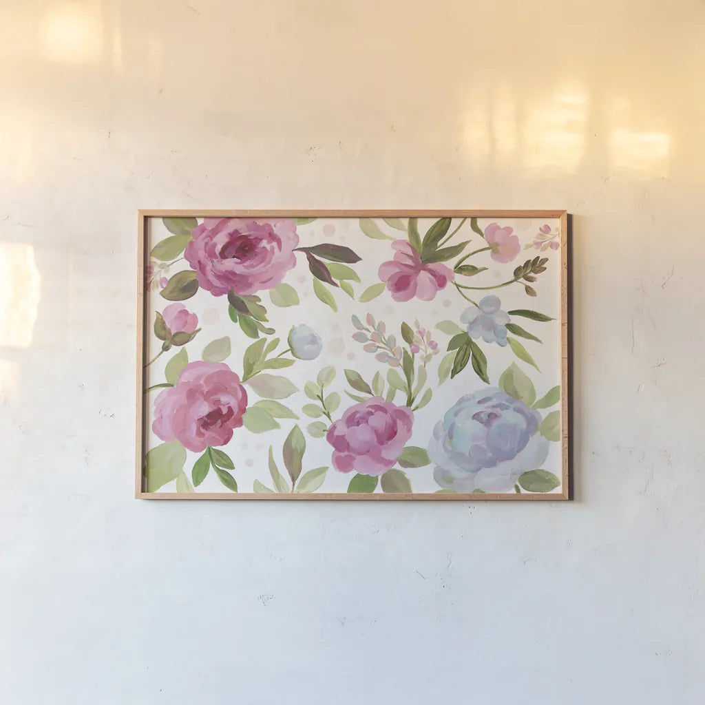 Petals and Blossoms I by Silvia Vassileva. shown as a paper print in a natural frame. Available as a archival giclee rolled canvas, fine art paper, or poster print. SKU 46113i.
