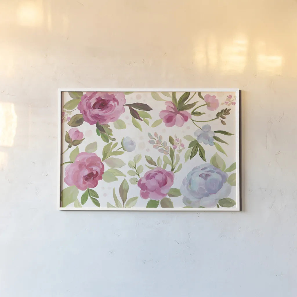 Petals and Blossoms I by Silvia Vassileva. shown as a paper print in a white frame. Available as a archival giclee rolled canvas, fine art paper, or poster print. SKU 46113i.