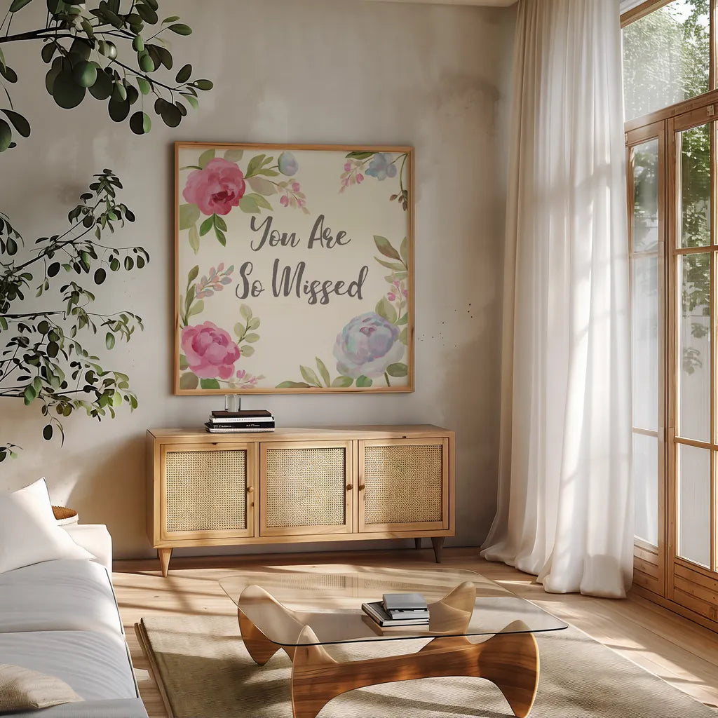 Petals and Blossoms II Missed by Silvia Vassileva. Shown in a natural wood frame in a cozy modern living room. Available as an archival giclee rolled canvas, fine art paper, or poster print. SKU 52510a.