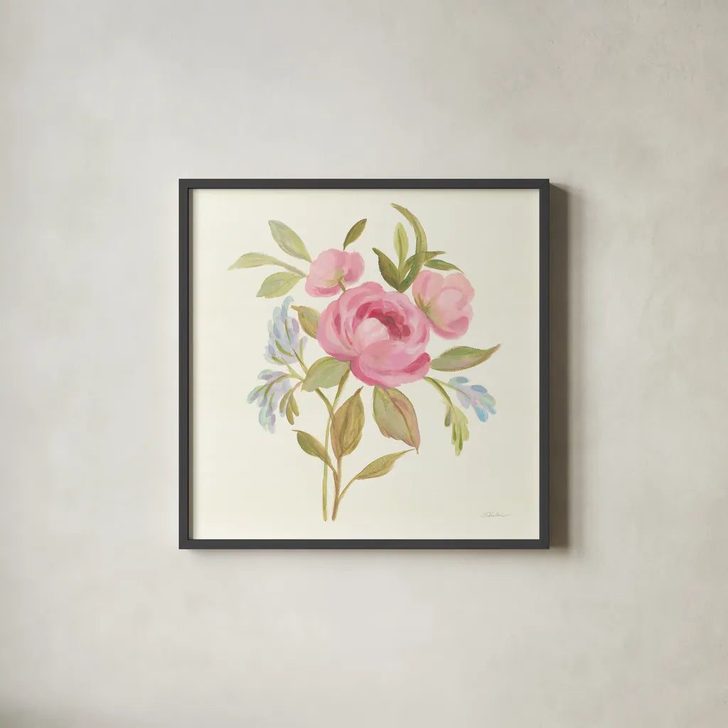 Petals and Blossoms IV by Silvia Vassileva. Shown in a sleek black glass frame for a contemporary gallery look. Available as an archival giclee rolled canvas, fine art paper, or poster print. SKU 46116a.