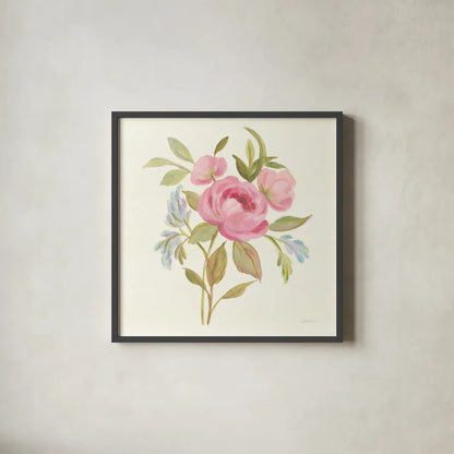 Petals and Blossoms IV by Silvia Vassileva. Shown in a sleek black glass frame for a contemporary gallery look. Available as an archival giclee rolled canvas, fine art paper, or poster print. SKU 46116a.