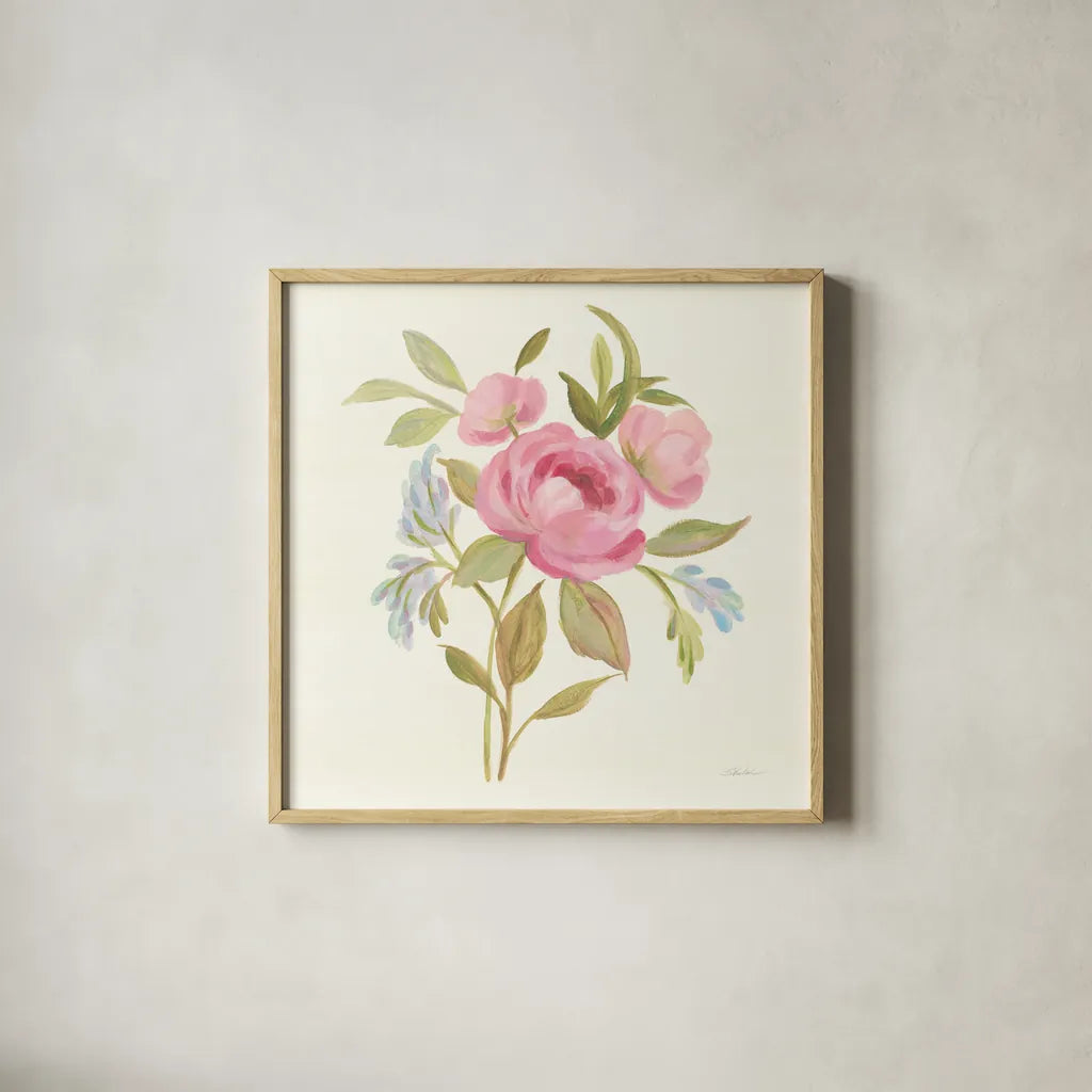 Petals and Blossoms IV by Silvia Vassileva. Shown in a natural wood glass frame for a timeless modern aesthetic. Available as an archival giclee rolled canvas, fine art paper, or poster print. SKU 46116a.