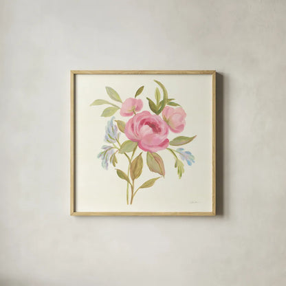 Petals and Blossoms IV by Silvia Vassileva. Shown in a natural wood glass frame for a timeless modern aesthetic. Available as an archival giclee rolled canvas, fine art paper, or poster print. SKU 46116a.