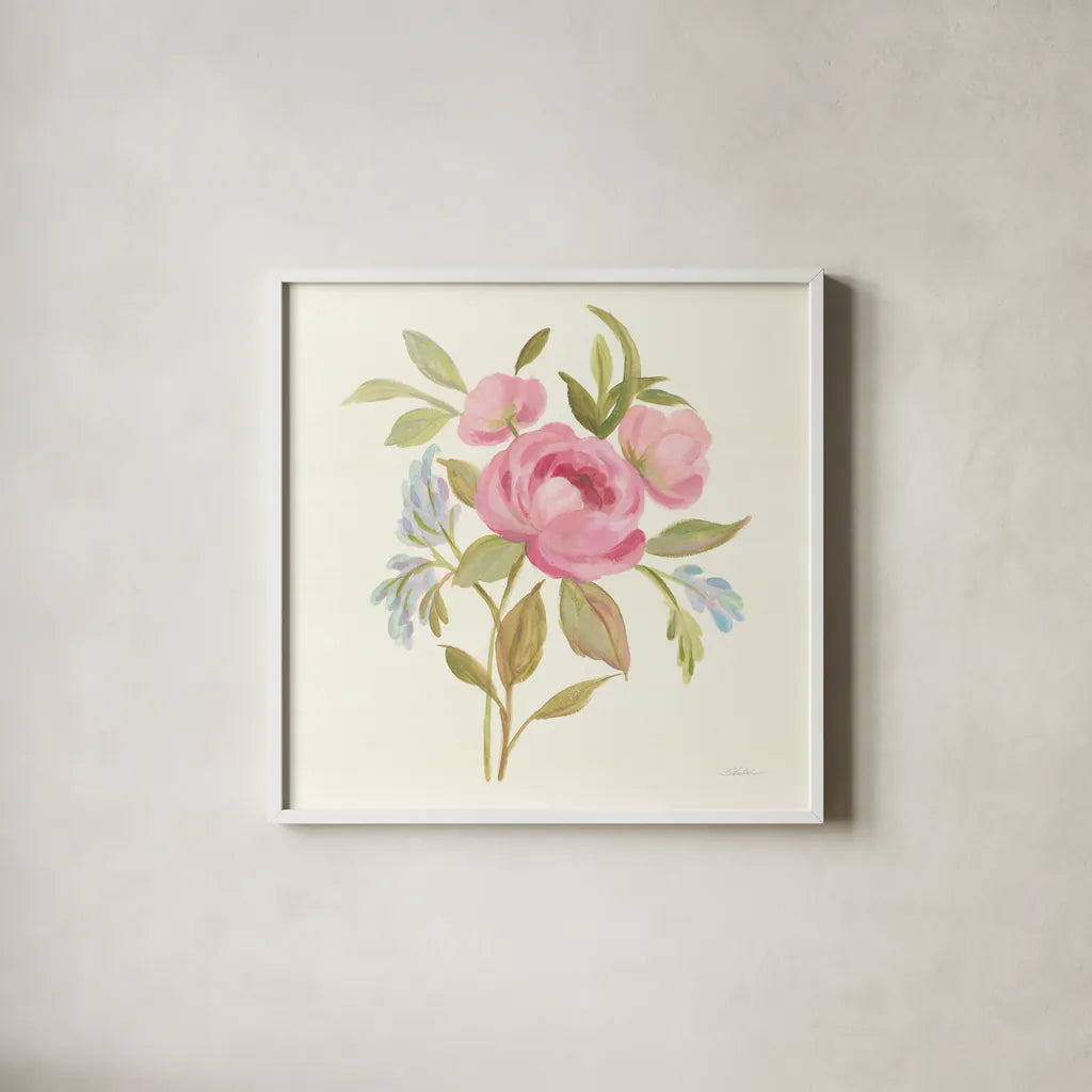 Petals and Blossoms IV by Silvia Vassileva. Shown in a crisp white glass frame for a clean and minimalist style. Available as an archival giclee rolled canvas, fine art paper, or poster print. SKU 46116a.