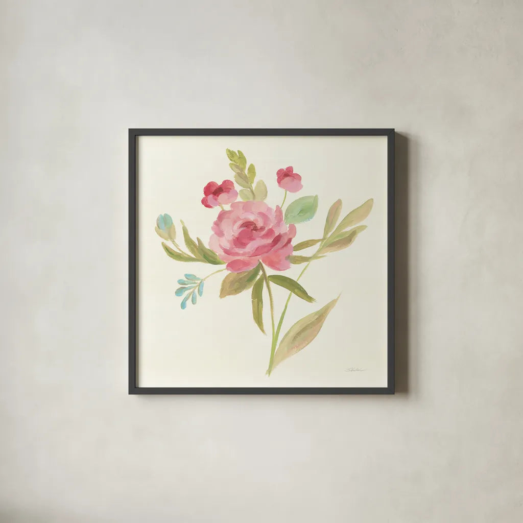 Petals and Blossoms V by Silvia Vassileva. Shown in a sleek black glass frame for a contemporary gallery look. Available as an archival giclee rolled canvas, fine art paper, or poster print. SKU 46117a.