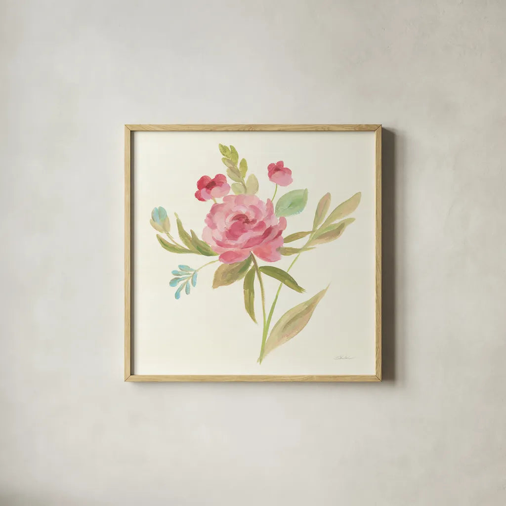 Petals and Blossoms V by Silvia Vassileva. Shown in a natural wood glass frame for a timeless modern aesthetic. Available as an archival giclee rolled canvas, fine art paper, or poster print. SKU 46117a.