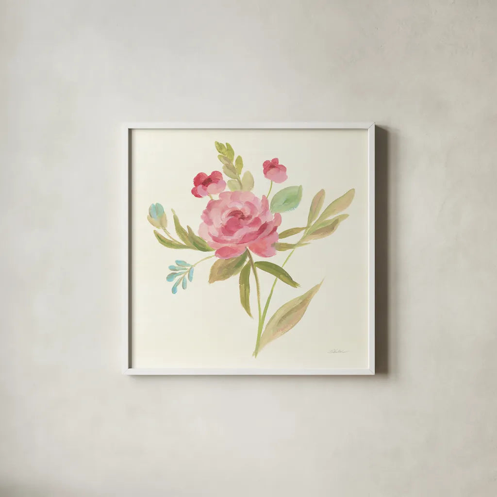 Petals and Blossoms V by Silvia Vassileva. Shown in a crisp white glass frame for a clean and minimalist style. Available as an archival giclee rolled canvas, fine art paper, or poster print. SKU 46117a.