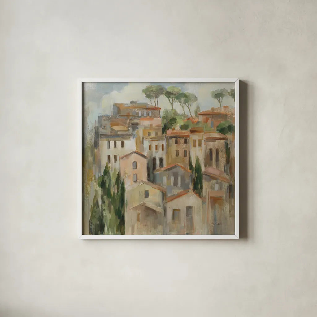 Pines and Florence by Silvia Vassileva. Shown in a crisp white glass frame for a clean and minimalist style. Available as an archival giclee rolled canvas, fine art paper, or poster print. SKU 94415a.