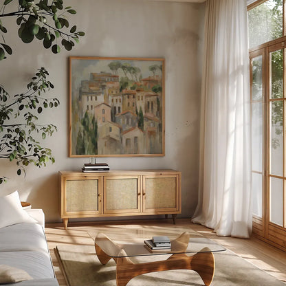 Pines and Florence by Silvia Vassileva. Shown in a natural wood frame in a cozy modern living room. Available as an archival giclee rolled canvas, fine art paper, or poster print. SKU 94415a.
