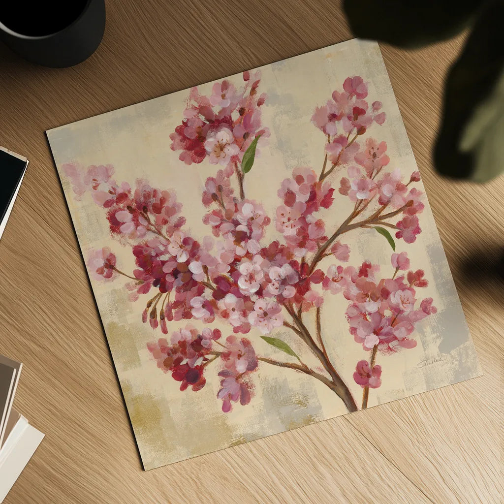 Pink Cherry Branch I by Silvia Vassileva. Shown as a detailed flat fine art print, highlighting archival giclee quality. Available as an archival giclee rolled canvas, fine art paper, or poster print. SKU 9431a.