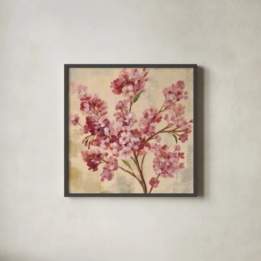 Pink Cherry Branch I by Silvia Vassileva. Shown in a sleek black glass frame for a contemporary gallery look. Available as an archival giclee rolled canvas, fine art paper, or poster print. SKU 9431a.